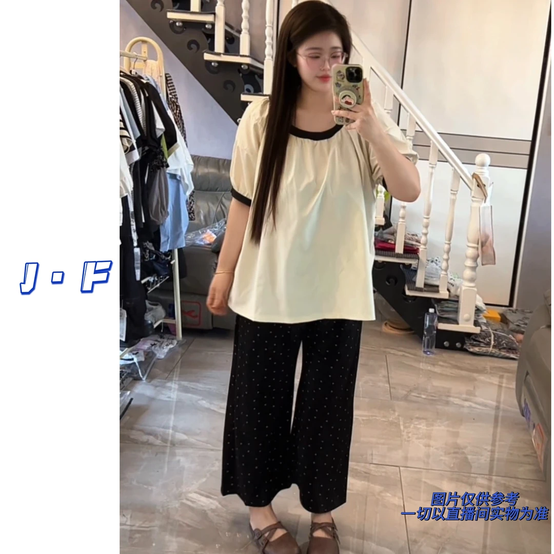 JF定制大码女装153/999撞色圆领ins风宽松短袖上衣+碎花直筒裤