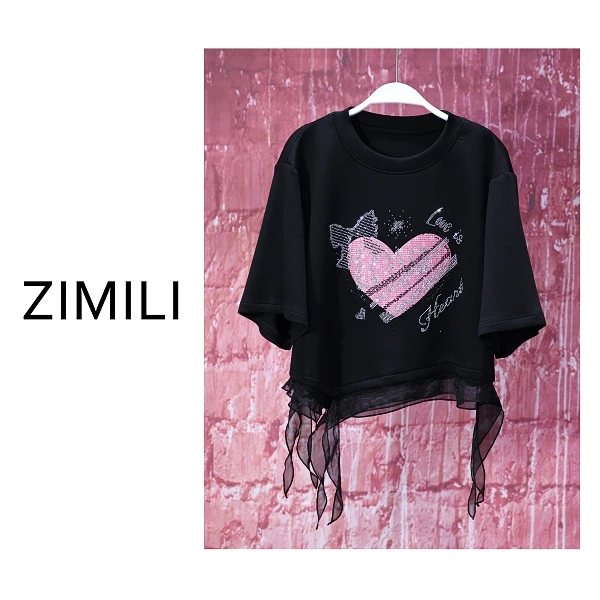 【亮哥女装】2025欧版耀夜黑拼接网纱印花烫钻休闲短袖9152