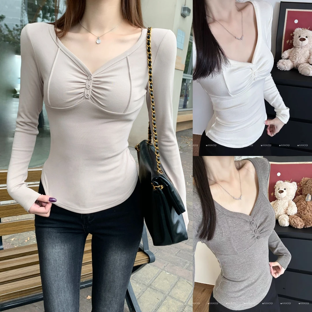 加绒磨毛 纯欲性感桃心V领纽扣设计漫画胸显瘦秋冬长袖修身上衣女