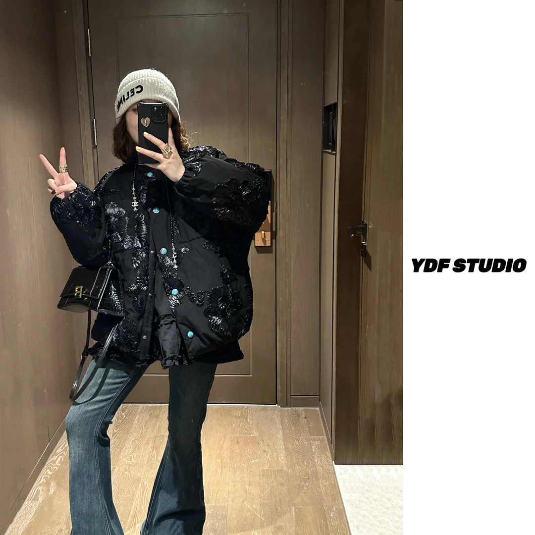 YDFSTUDIO小众【纵享丝滑】欧货高品立体提花绿松石纽扣设计羽绒服