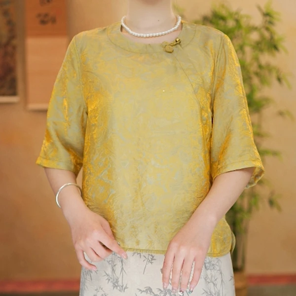 春夏新款宽松优雅中式提花上衣