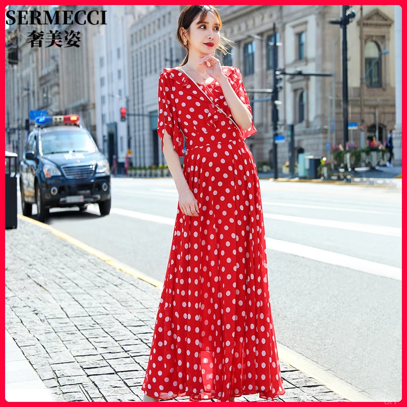 2025新款V领超大摆长裙脚踝红色连衣裙复古赫本风裙子波点连衣裙