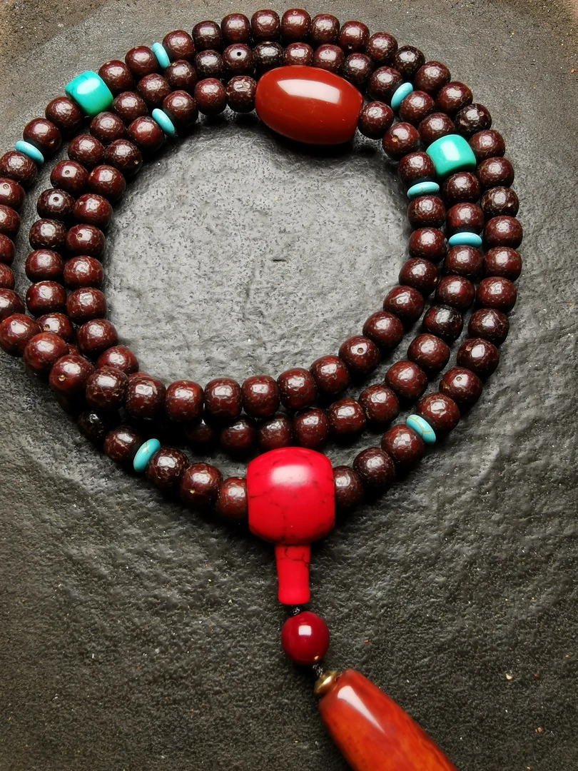 毕业级老型桶珠棕红满开片星月菩提108脖挂