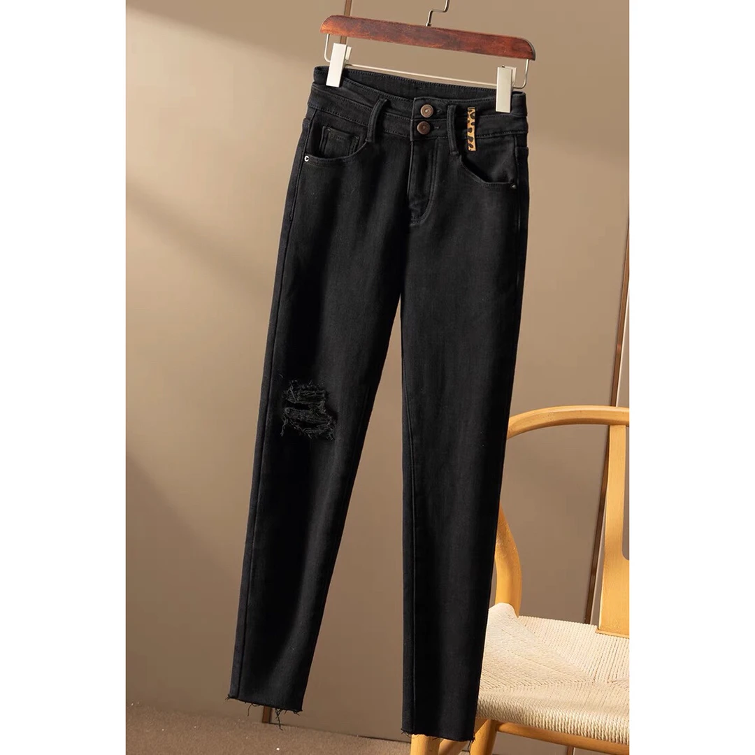 【海南简爱】假破洞高腰紧身小脚牛仔裤女8178