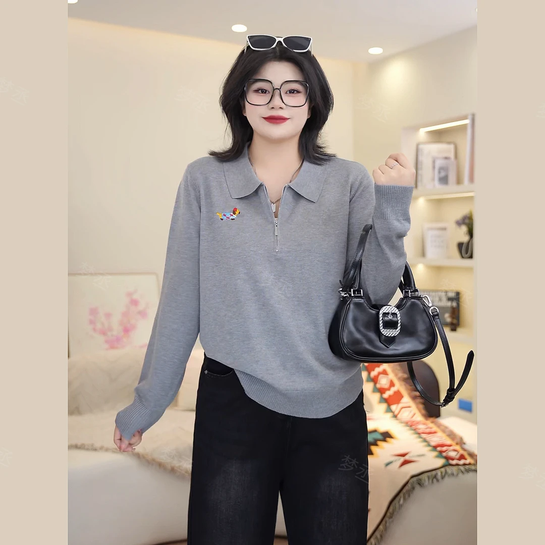 梦丞-大码女装POLO领冬季宽松显瘦小狗刺绣洋气长袖针织衫上衣