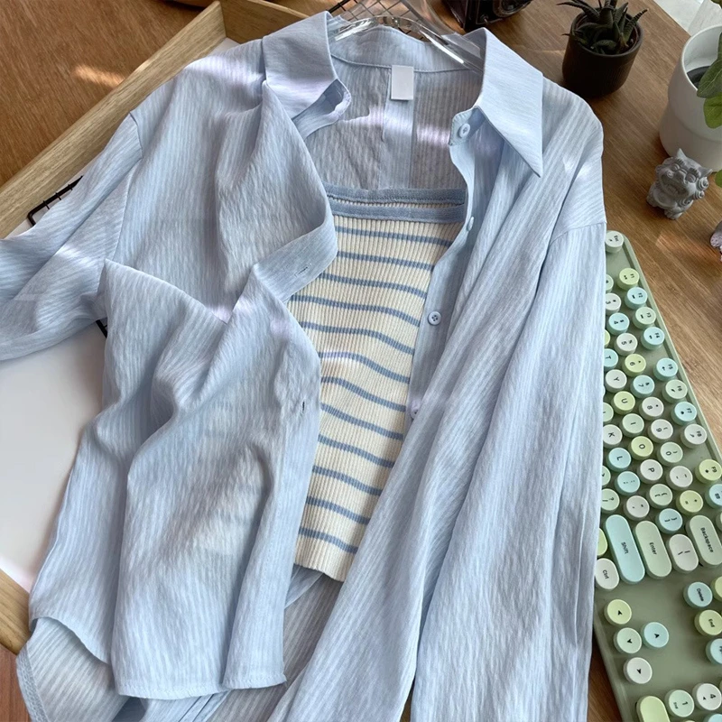 条纹吊带背心+防晒衬衫女长袖夏季后背开叉设计感时髦ins两件套装