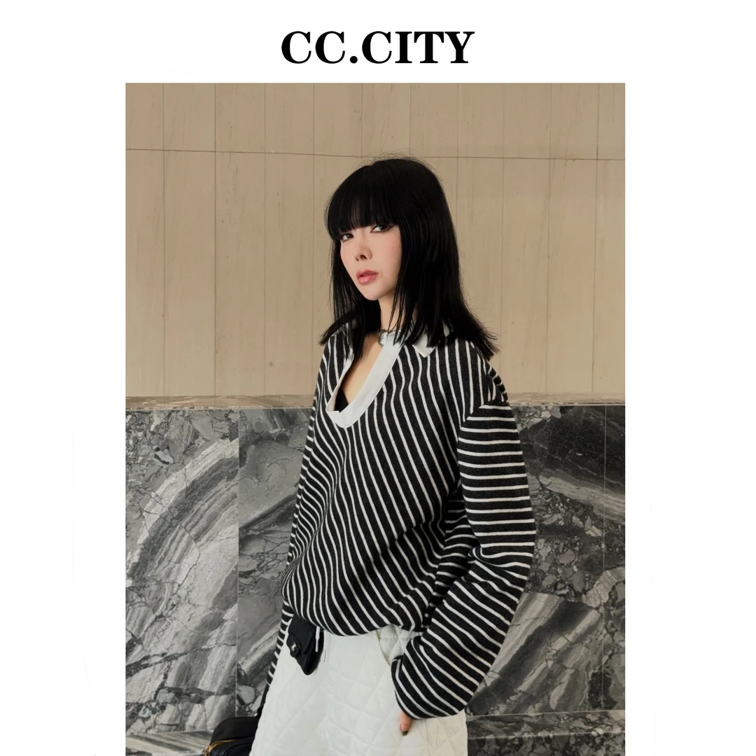 【蔡丽丽】秋冬季小众极简个性条纹针织加绒套头宽松版上衣6x1332