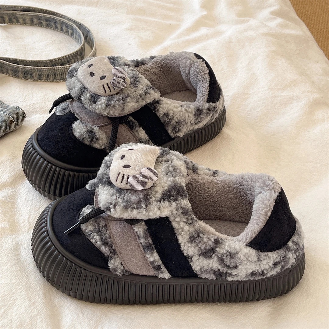 古着kitty～棉拖鞋冬季外穿可爱猫咪豹纹居家防滑厚底加绒保暖包跟