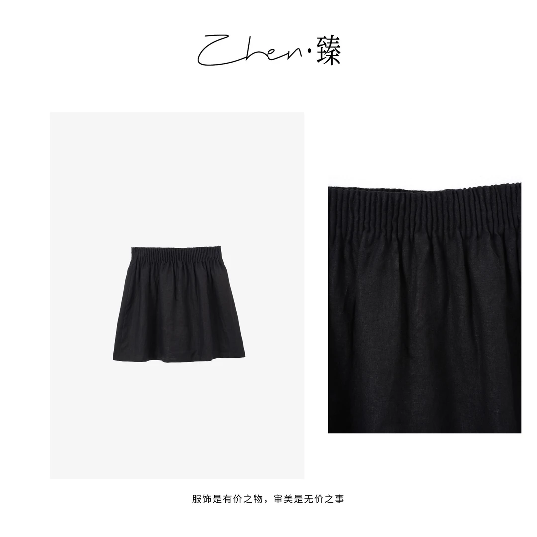 ZHEN.臻  简约老钱夏季高腰松紧时尚显瘦亚麻短裙BQ7870Z