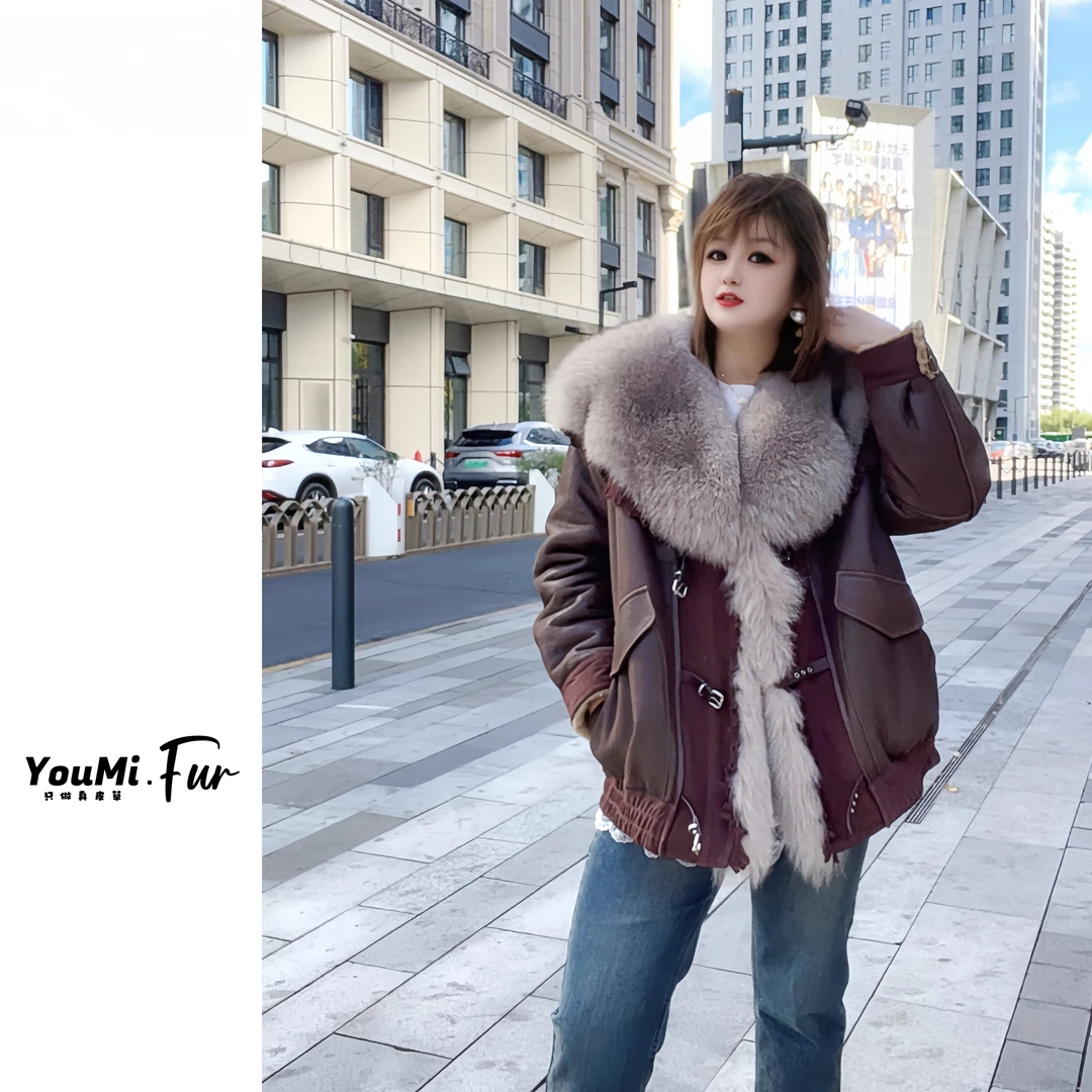 呦米皮草 YOUM｜冬季穿搭抗风保暖美利奴羊皮毛一体搭狐狸毛领-579