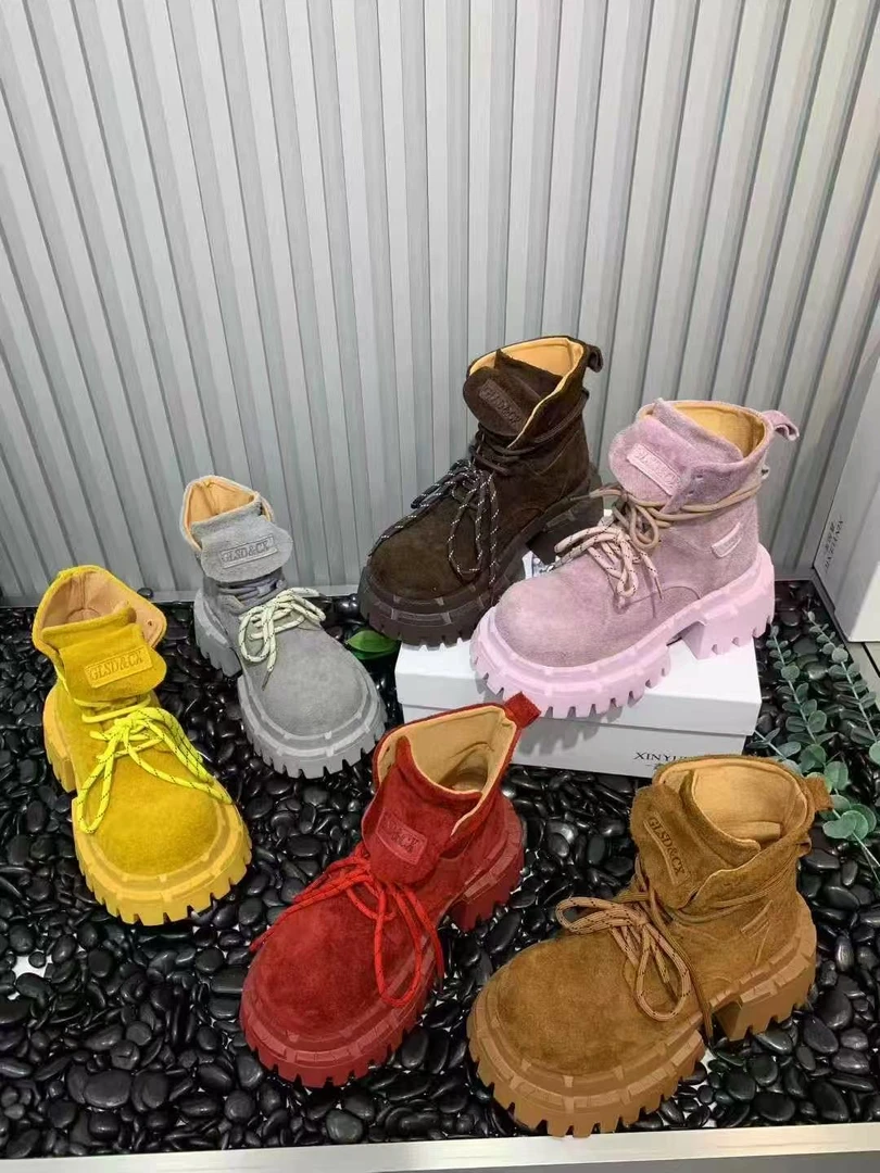 唐小肉秋季系带翻毛皮马丁机车单靴女鞋大黄明星同款712-2