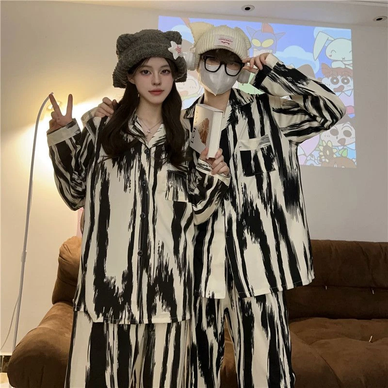 情侣睡衣女春秋季水墨条纹学生家居服休闲高级感舒适简约双长套装