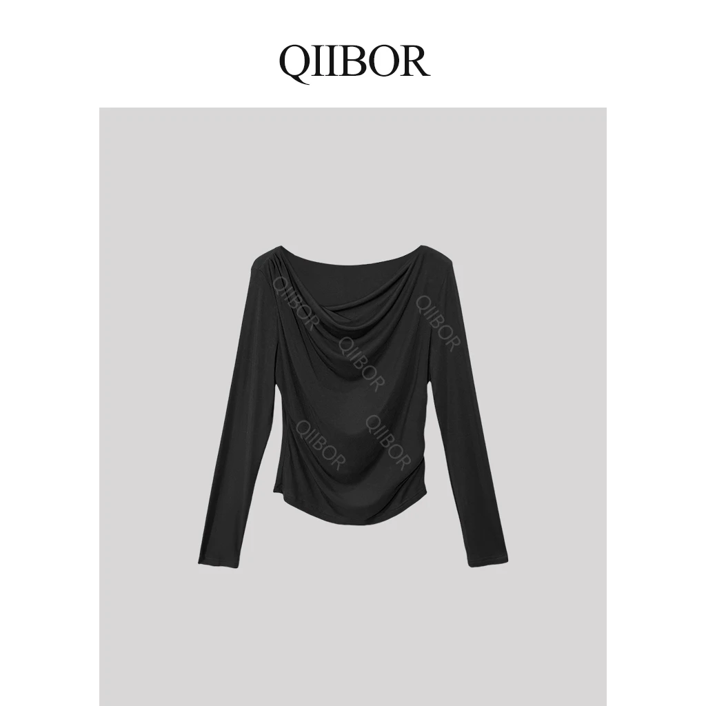 QB【宴会C位】老钱风慵懒气质上衣休闲一字领上衣3879-1