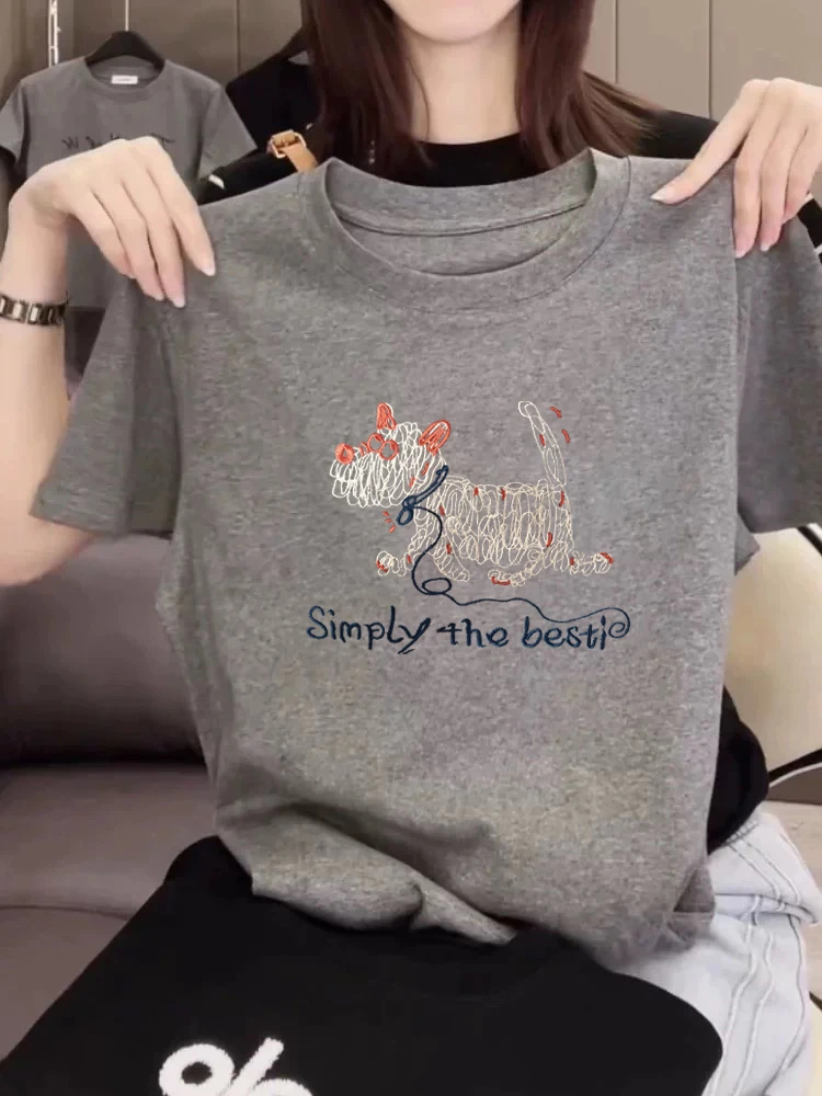 2025新款正肩小狗印花棉质短袖T恤女洋气减龄显瘦小个子打底衫ins