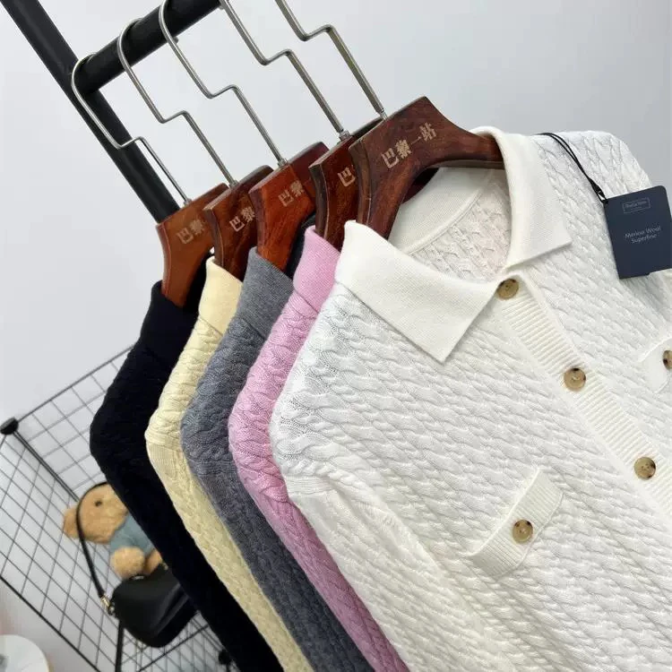 巴黎一站 花样年华 18针扬子羊毛 Polo领 绞花 短袖宽松优雅开衫