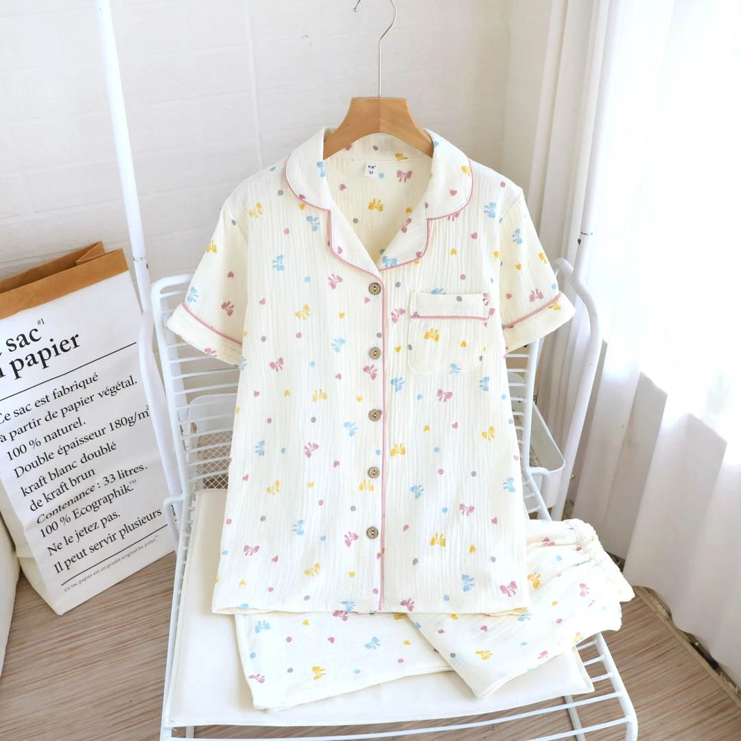 带胸垫~2025春夏A类棉纱睡衣女纯棉短袖长裤翻领甜美可外穿家居服