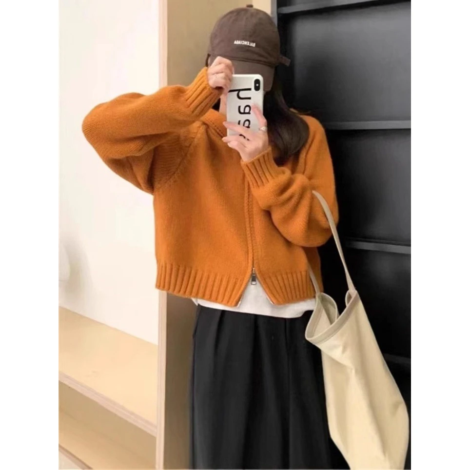 双拉链连帽针织开衫女秋季韩系慵懒风小众设计感叠穿短款别致外套