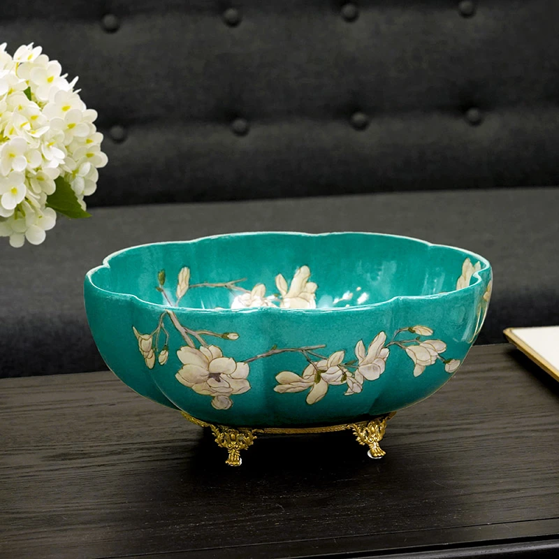 奢华陶瓷配铜手工彩绘玉兰花图案蓝色提篮果盘茶几餐桌果篮果篓