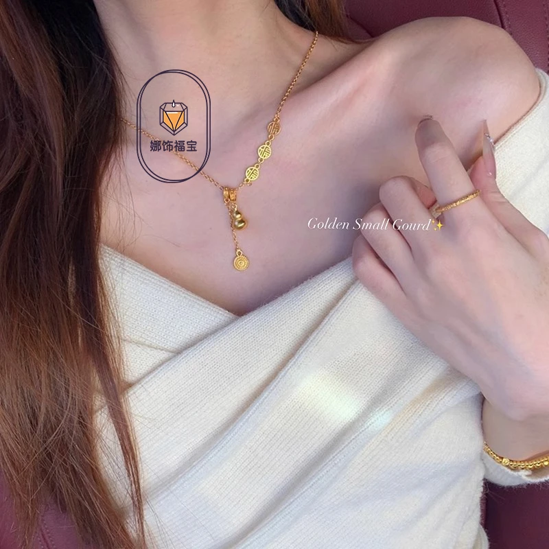 合金项链 添福添禄~镀金福牌流苏葫芦吊坠项链女款小众气质锁骨链