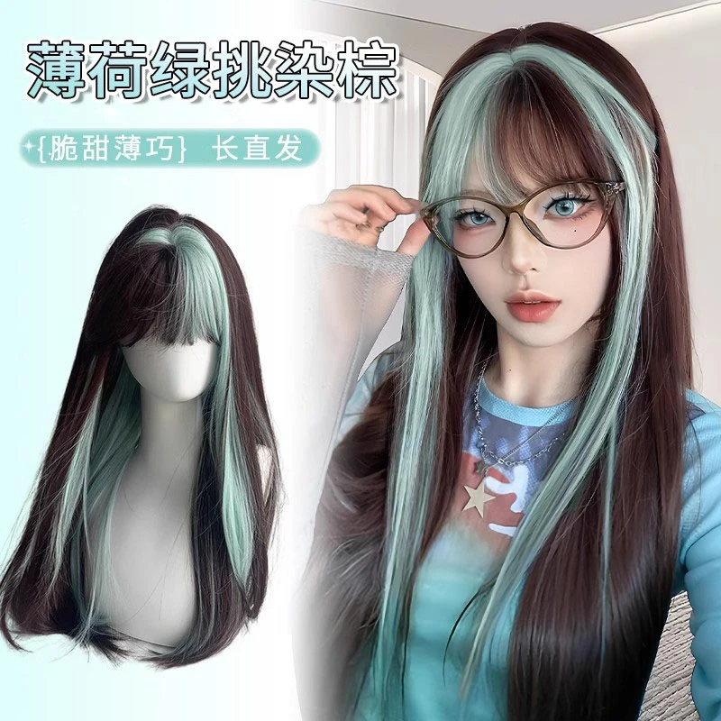 【薄荷巧脆】蒂梵夕超捷假发女lolita绿色挑染直发自然仿真全头套