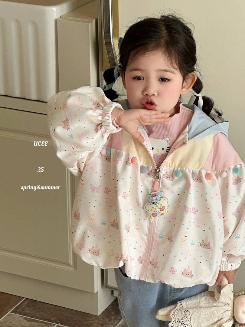 【釉兮】2025春款女童波浪圆点熊连帽上衣