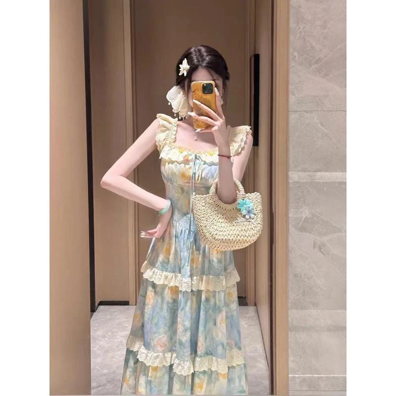 田园风度假印花油画荷叶边吊带连衣长裙
