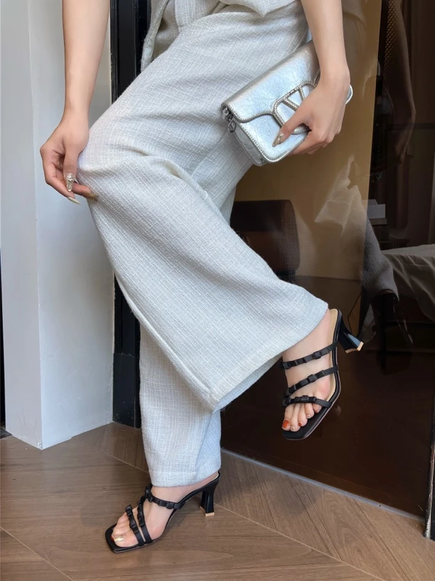 MissBeney/滨莉小姐女鞋粗跟凉拖女夏季性感露趾高跟鞋蝴蝶结方头