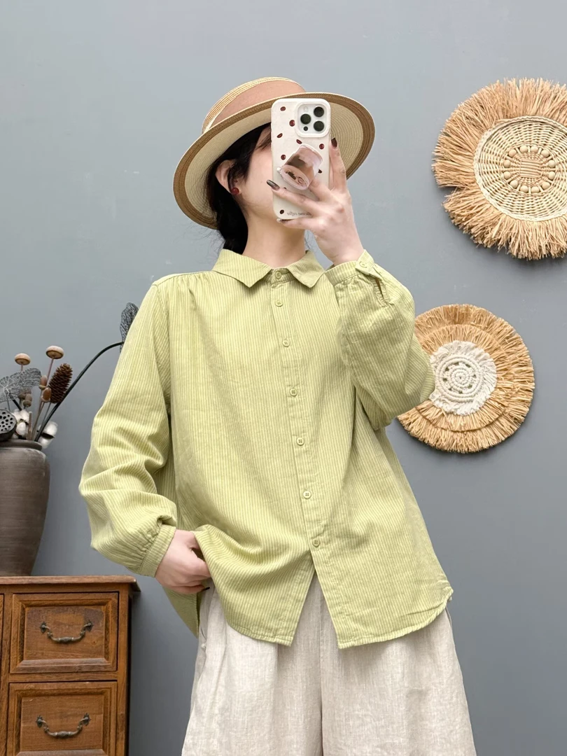 2025春季新款色织双层棉纱细条纹衬衫女休闲百搭上衣2621