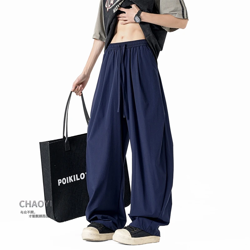 美式弯刀裤子男士夏季冰丝透气宽松直筒运动裤子潮流轻薄慵懒长裤