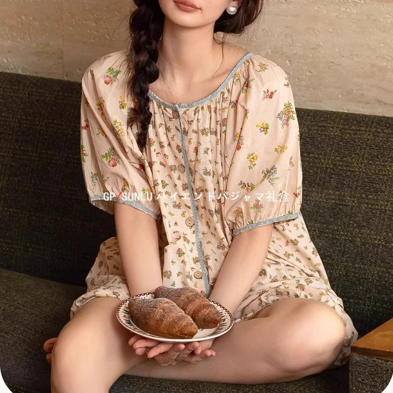 gpsunlu睡衣女款夏款薄款短袖短裤纯棉复古公主风外穿家居服套装