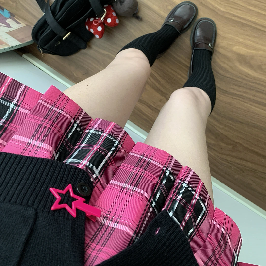 刺小兔原创jk【千夏】格裙正版制服学院风玫粉色短裙百褶半身裙套装