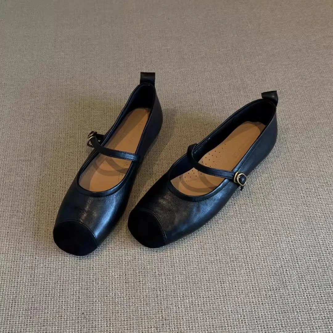 羊皮版~2025新款法式复古风方头一字带玛丽珍鞋女外穿百搭平底鞋