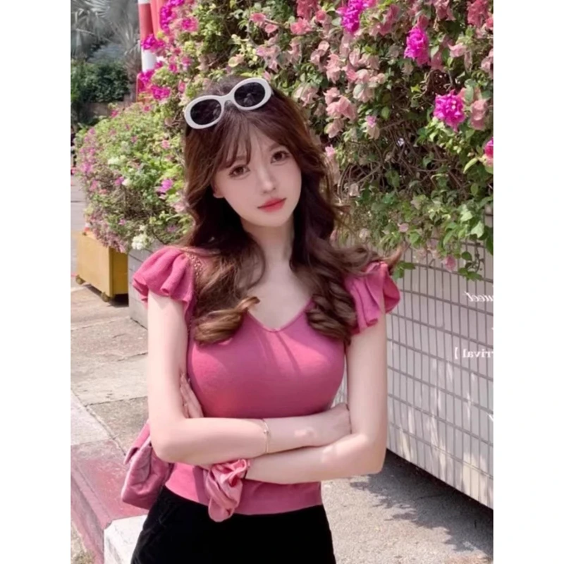 小飞袖薄款短袖针织衫T恤女2025夏季新款修身显瘦百搭V领打底上衣