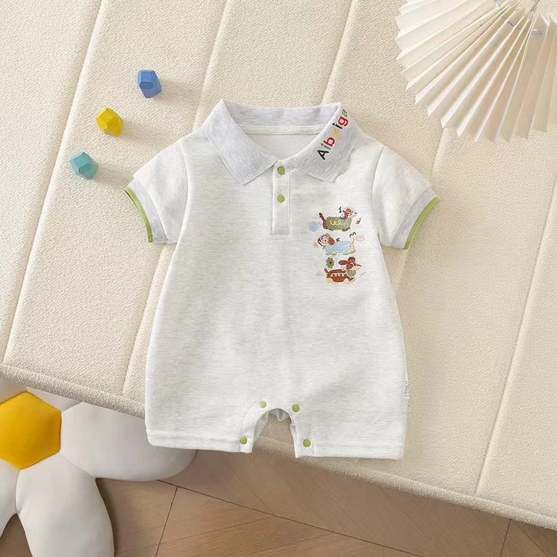 夏季婴幼儿衣服短袖卡通翻领连体衣可爱哈衣男宝宝连体新生儿透气