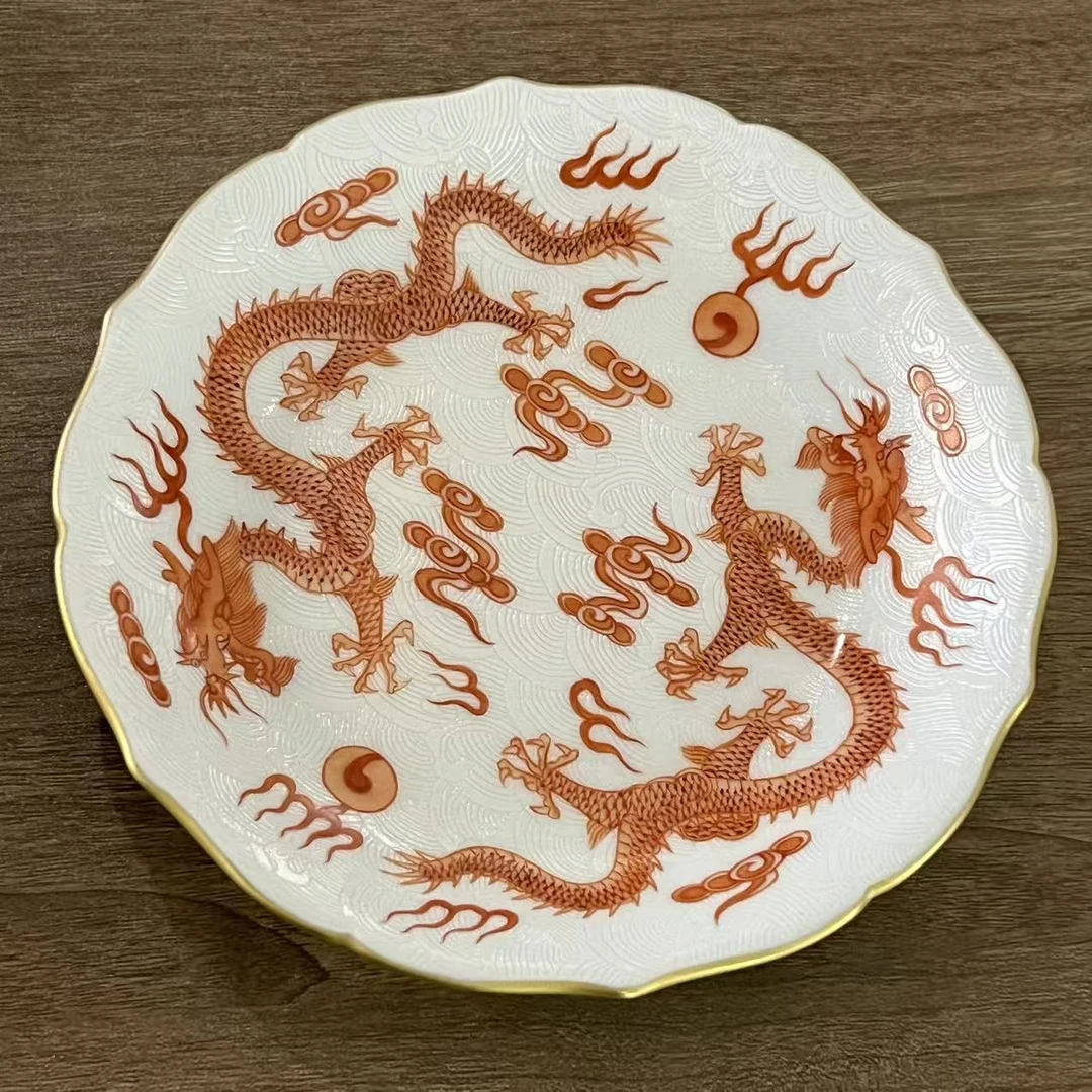 【古法柴窑】古窑御器扒花矾红龙纹葵口壶承