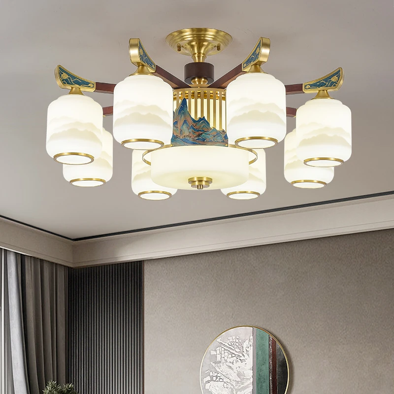 复式全铜实木新中式大吊灯中国风禅意简约大气别墅家用客厅全铜灯