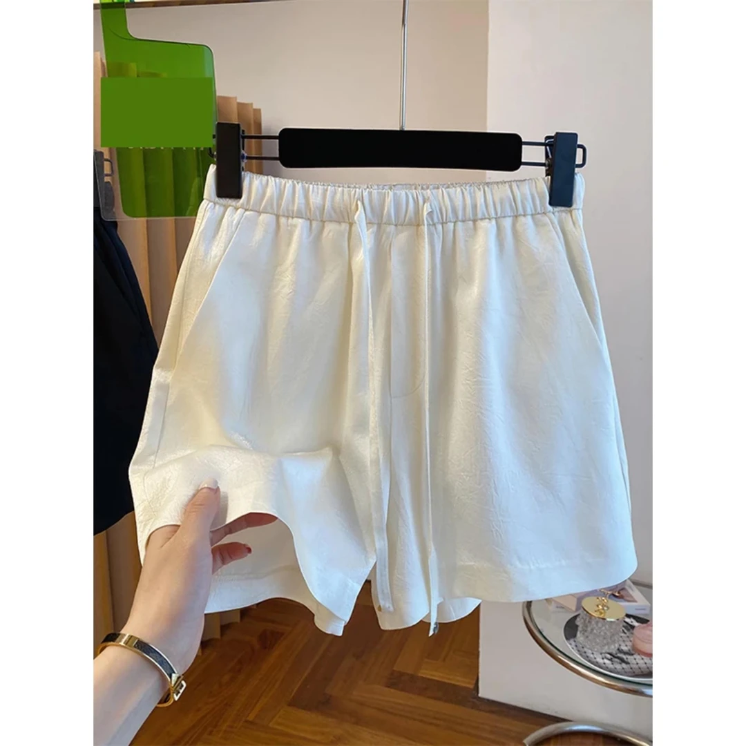 大码醋酸缎面休闲短裤女夏季薄款胖mm高腰显瘦遮胯垂感冰丝休闲裤