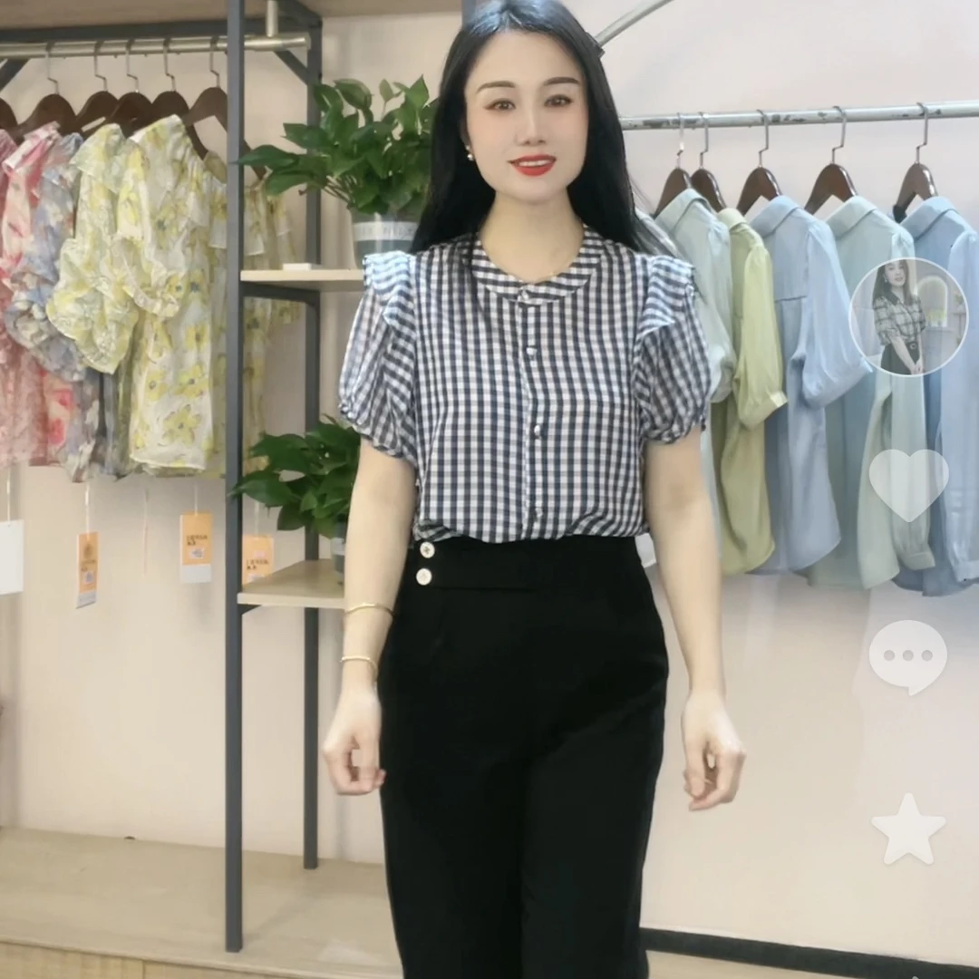 《梅子精选》夏季新款时尚格子短袖衬衫
