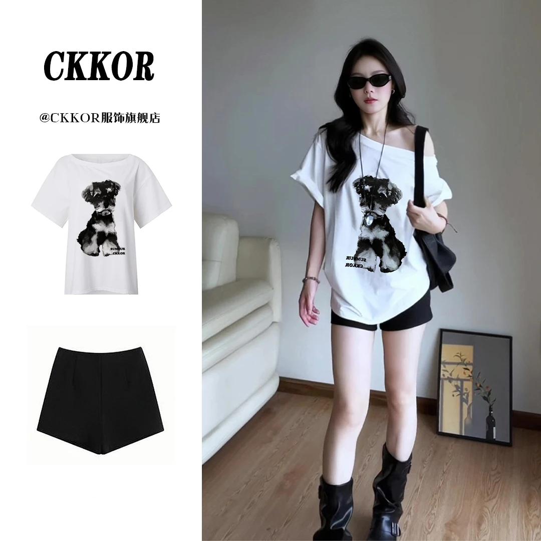 CKKOR美式辣妹夏季穿搭斜肩短袖t恤女休闲百搭宽松显瘦慵懒风上衣