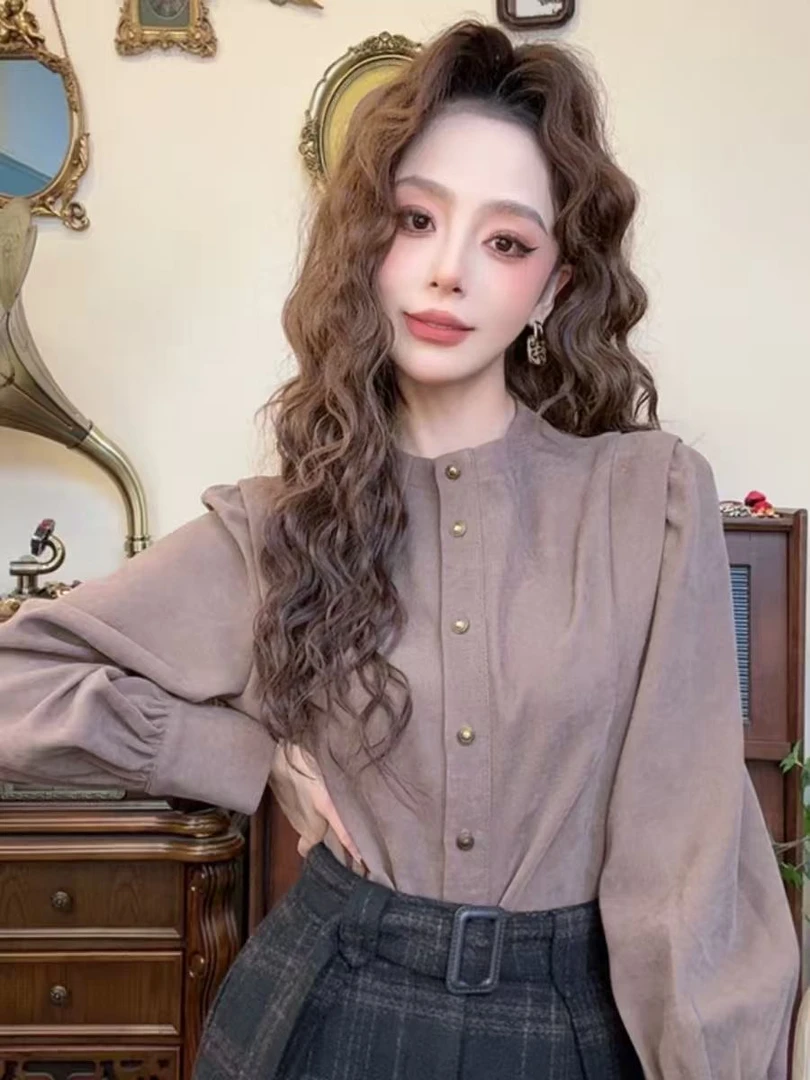 (现货)简约复古港风设计感衬衫女秋冬加厚内搭长袖衬衣通勤百搭