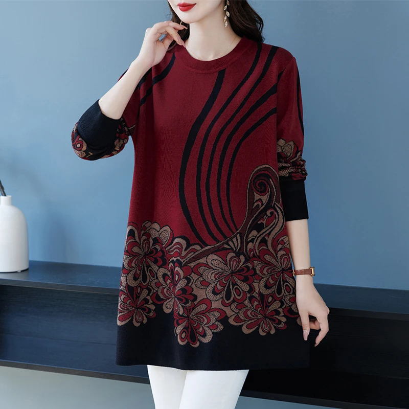 中老年时尚女装毛衣秋冬内搭中长款大码遮肚子上衣时髦洋气打底衫