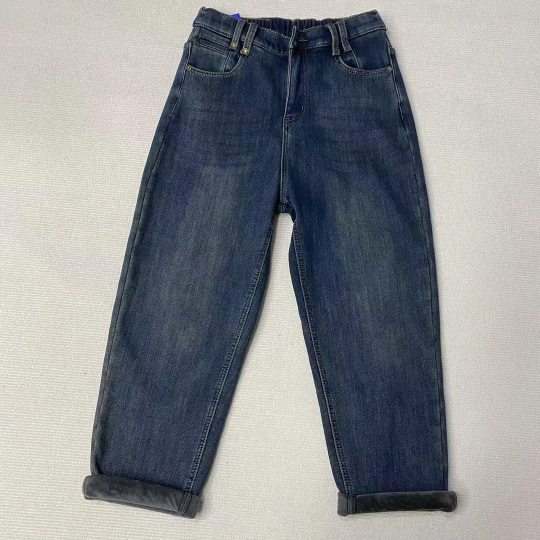 深蓝色高腰加绒窄版牛仔裤女冬季新款韩版弹力显瘦百搭直筒裤5663