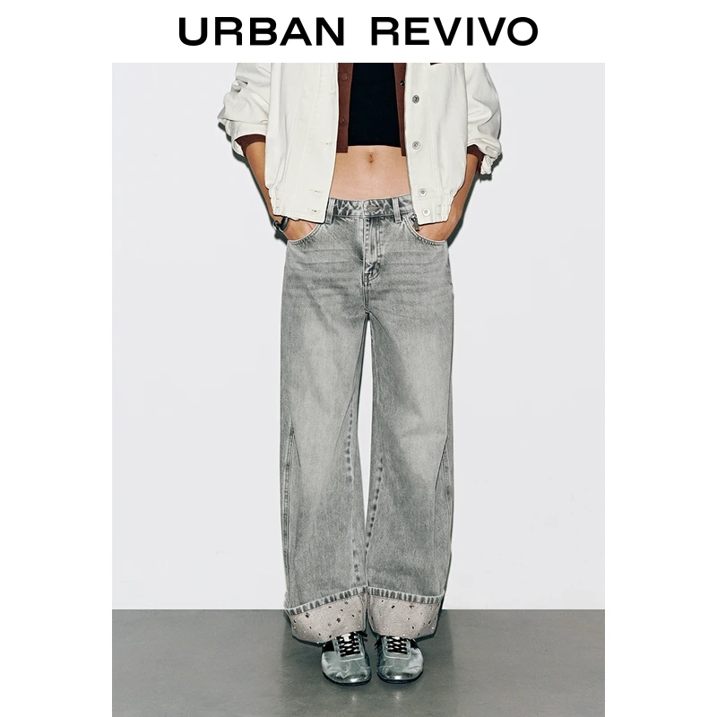 UR2025冬季新款女装复古水洗卷边钻饰阔腿牛仔长裤UYV850174