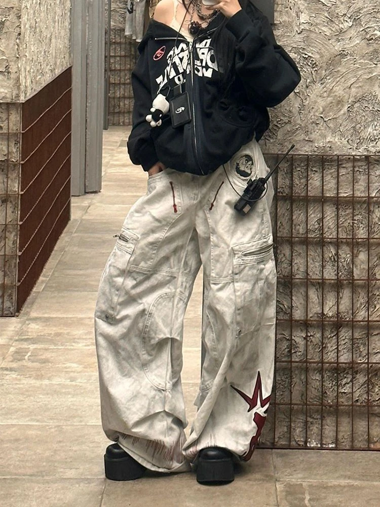 大码美式复古污渍擦色做旧工装裤女2025新款辣妹刺绣贴布拖地裤潮