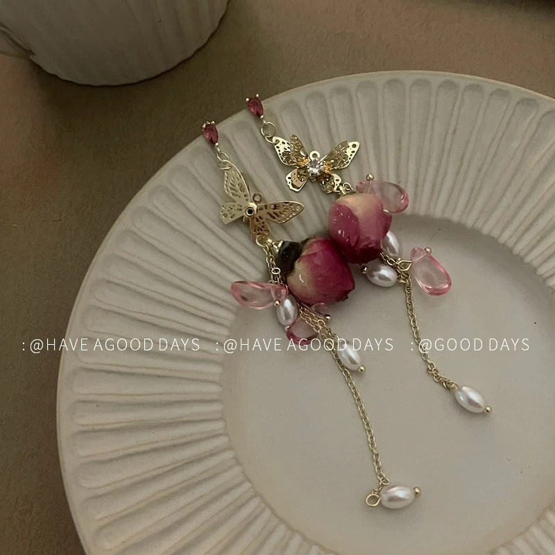 合金耳饰甜美蝴蝶玫瑰流苏耳环气质小众设计感高级轻奢风个性耳饰