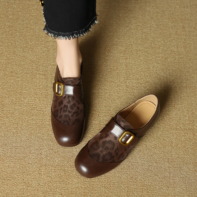 3.5CM，牛皮圆头拼色乐福鞋豆豆鞋英伦风厚底女鞋黑色圆头厚底乐福