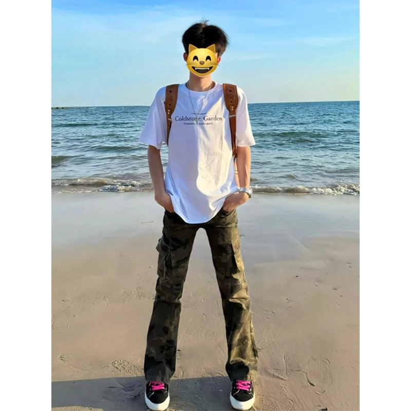 微喇迷彩牛仔裤男款秋季美式高街工装裤子cleanfit修身显瘦直筒裤