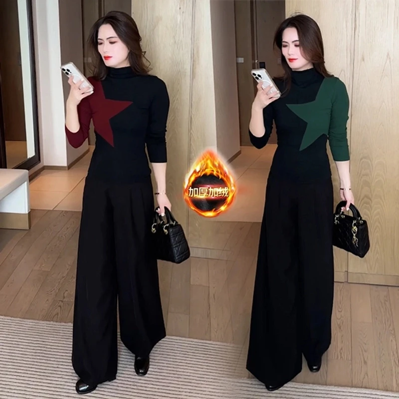 时尚套装早秋显瘦小众设计感洋气减龄打底加绒拼色气质上衣阔腿裤