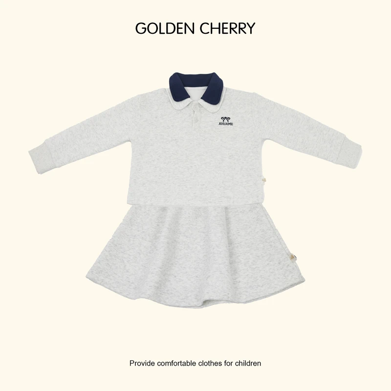 7【Golden cherry】女童灰色双层娃娃领两粒扣洋气半裙套装QDD081
