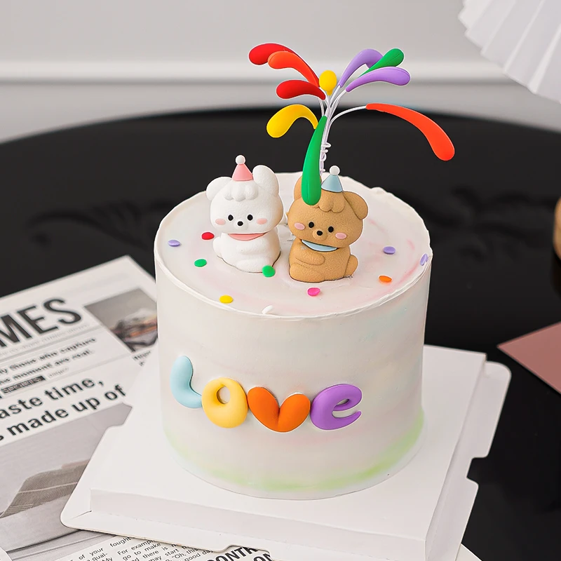 2025七夕情人节简约蛋糕装饰彩色love软胶摆件情侣告白修修狗装扮